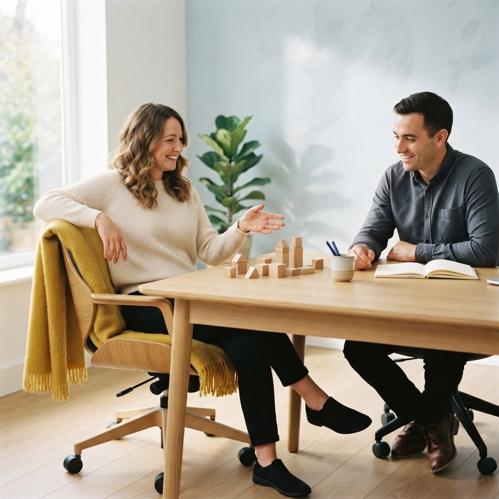 Two colleagues collaborating at a clean modern desk