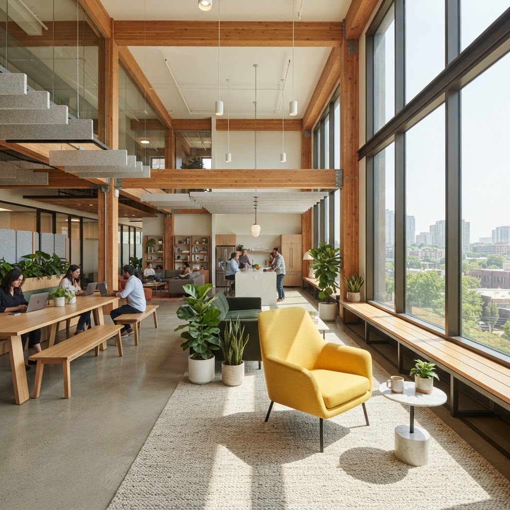 A bright and airy modern office lounge area