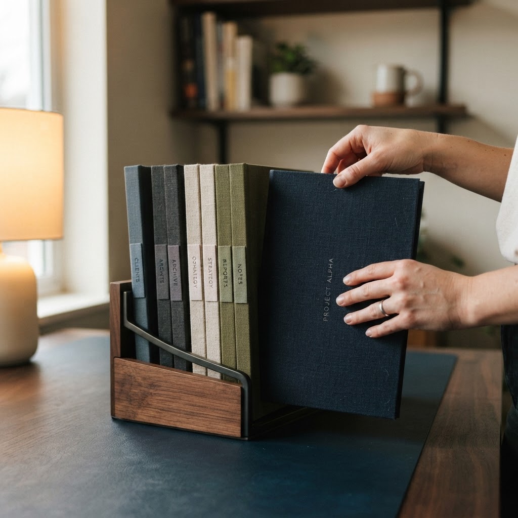 Hands organizing physical folders on a dark desk