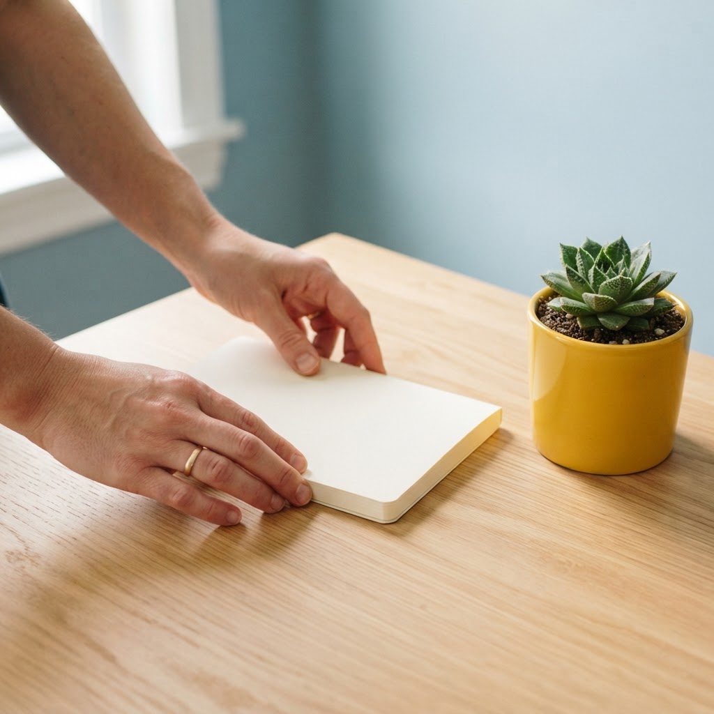 Hands placing a notebook on a clean wooden desk