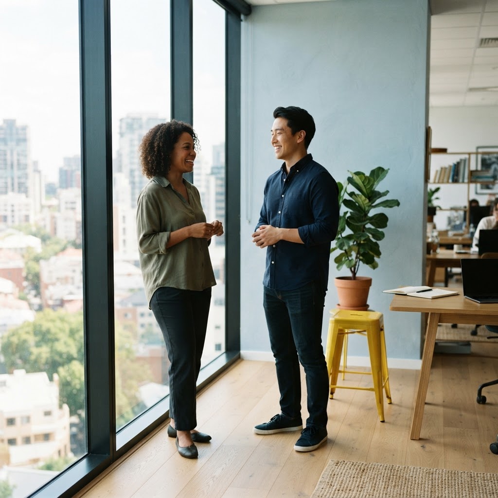 Two colleagues having a relaxed conversation in a bright office