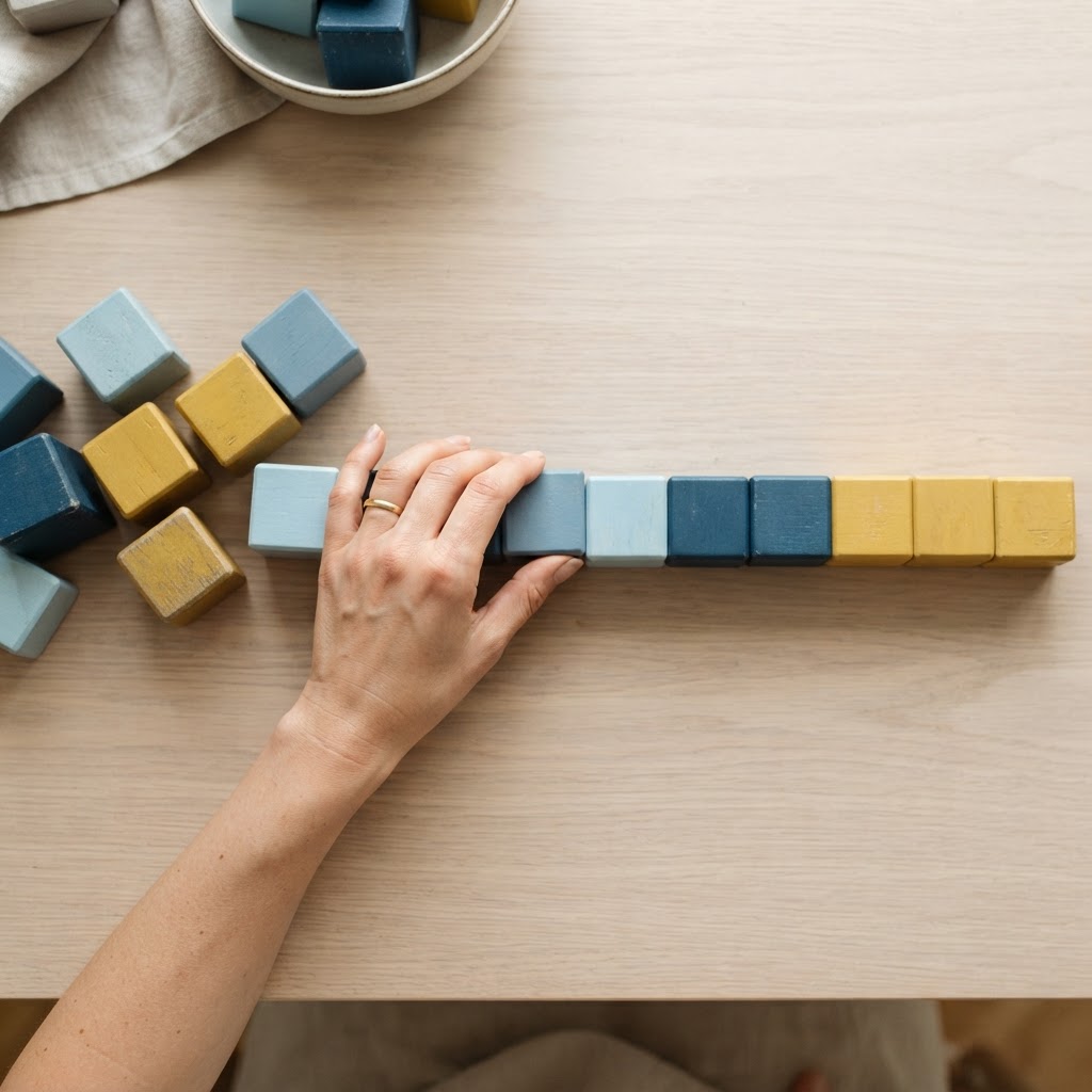 Hands organizing wooden blocks on a table