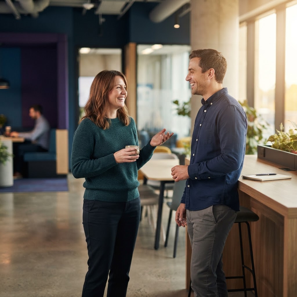 Two coworkers talking in a bright office