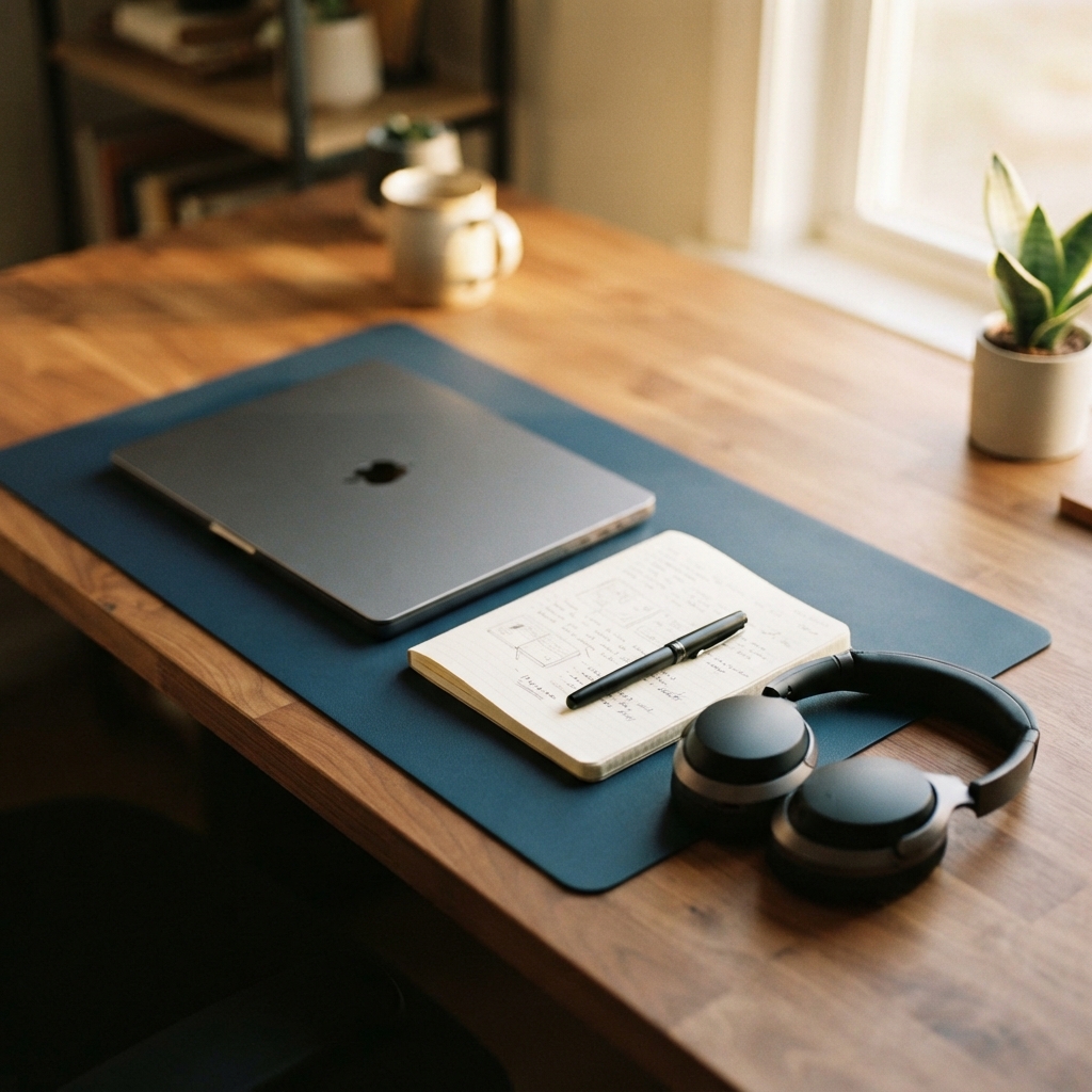 Clean and organized workspace with notebook and laptop