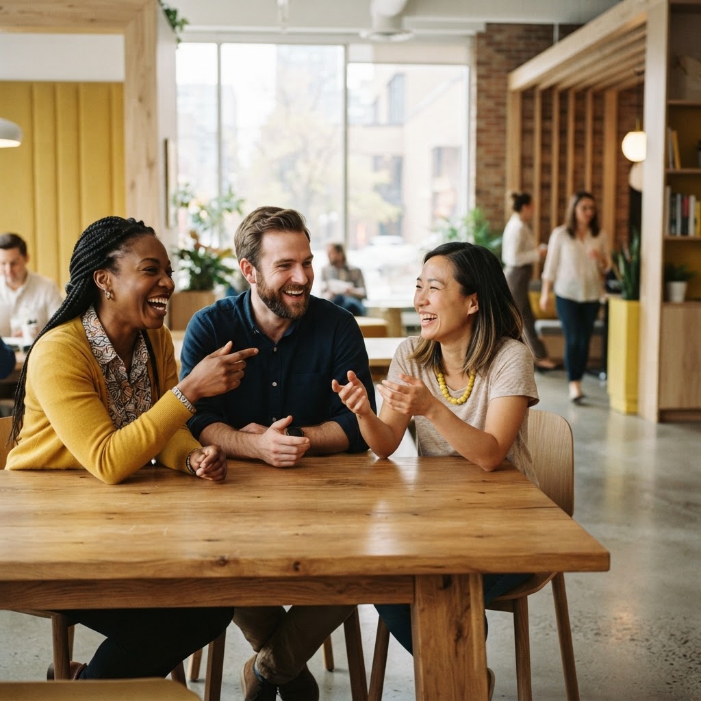 A small team collaborating in a bright modern office