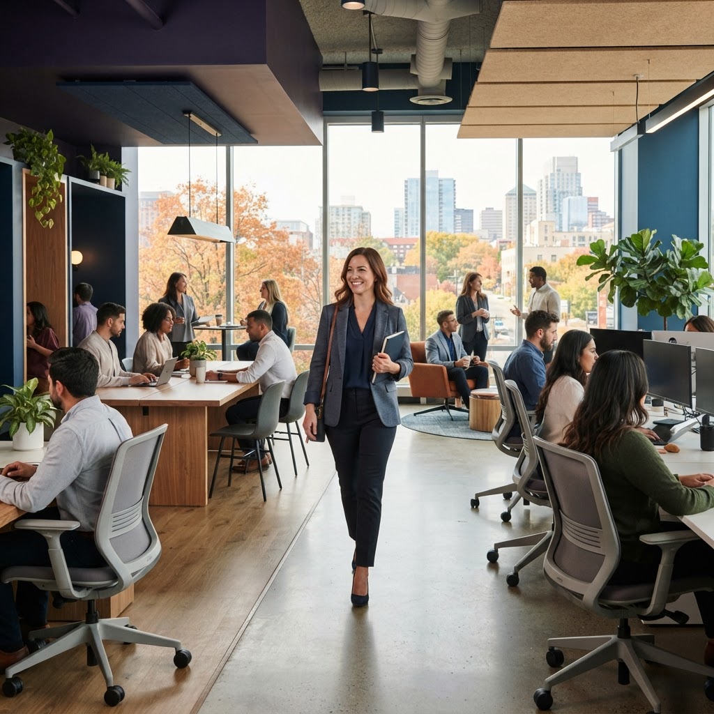 A team member walking through a bright modern office