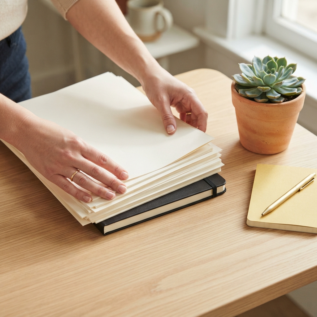 Organized workspace with paper files and a plant