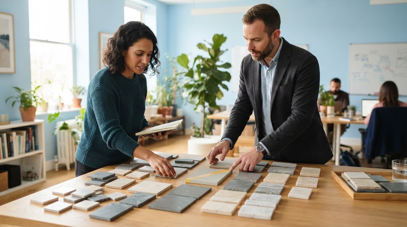 A founder and ops lead sorting physical stone tiles on a light oak table