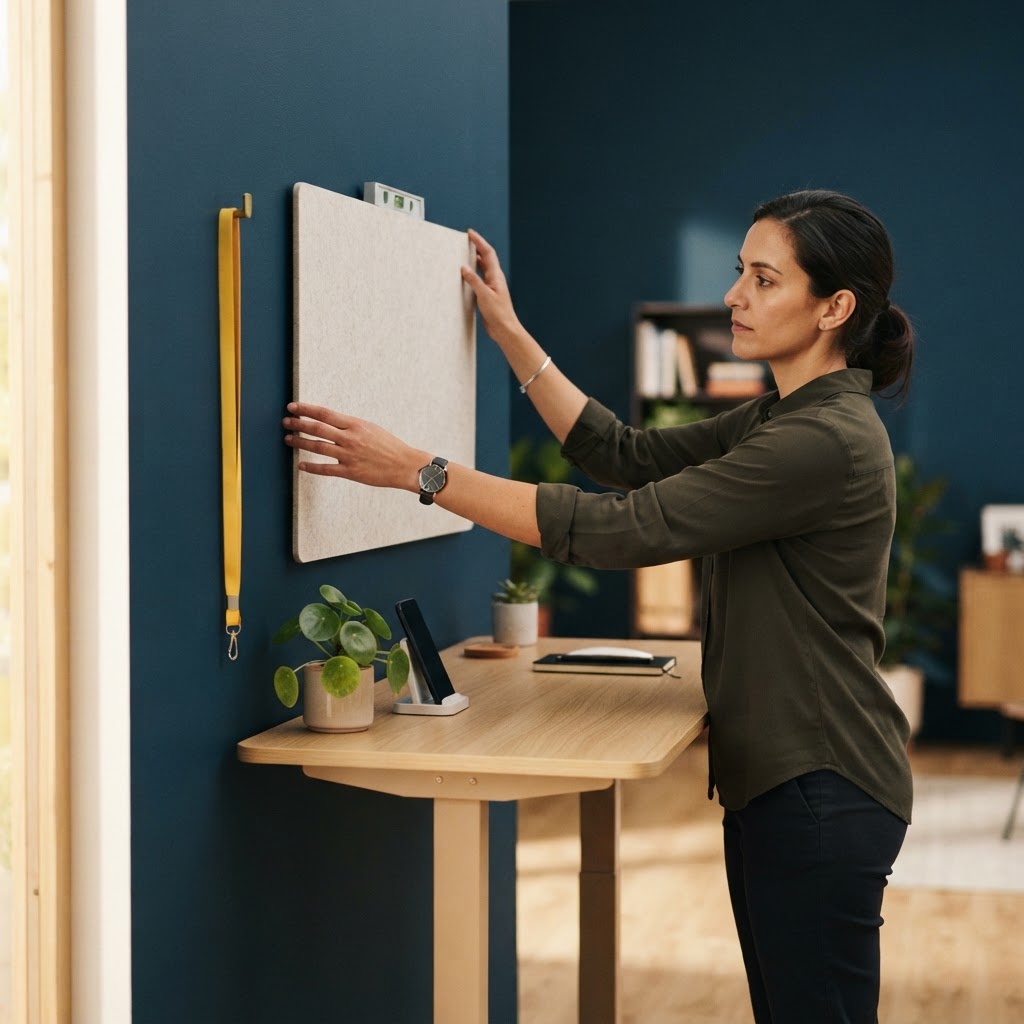 An operations lead hanging a clean board in a modern, organized office