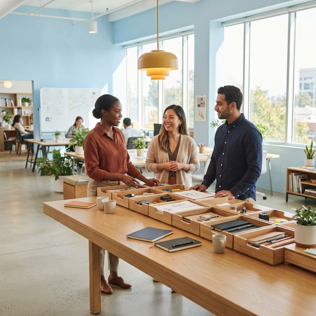 Diverse team members working together at a clean light oak workbench