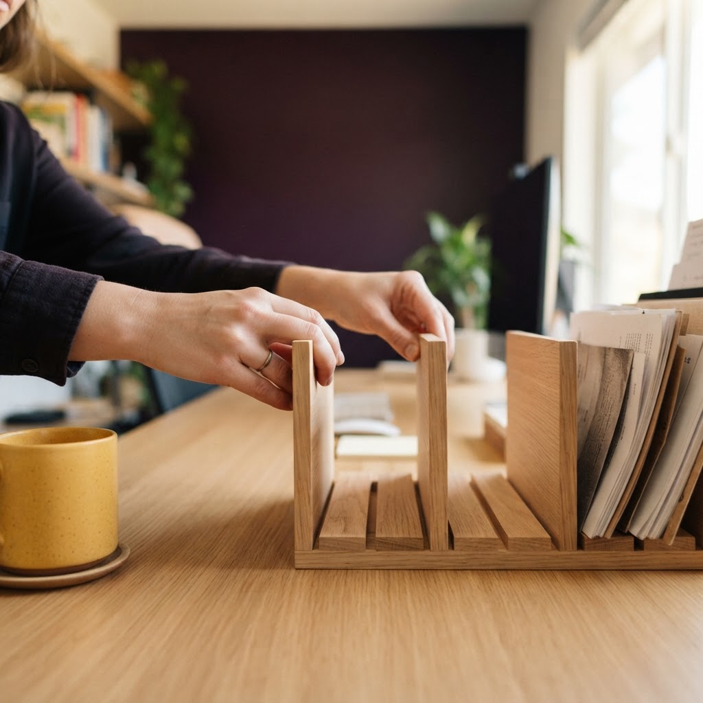 Hands organizing wooden dividers on a clean desk surface