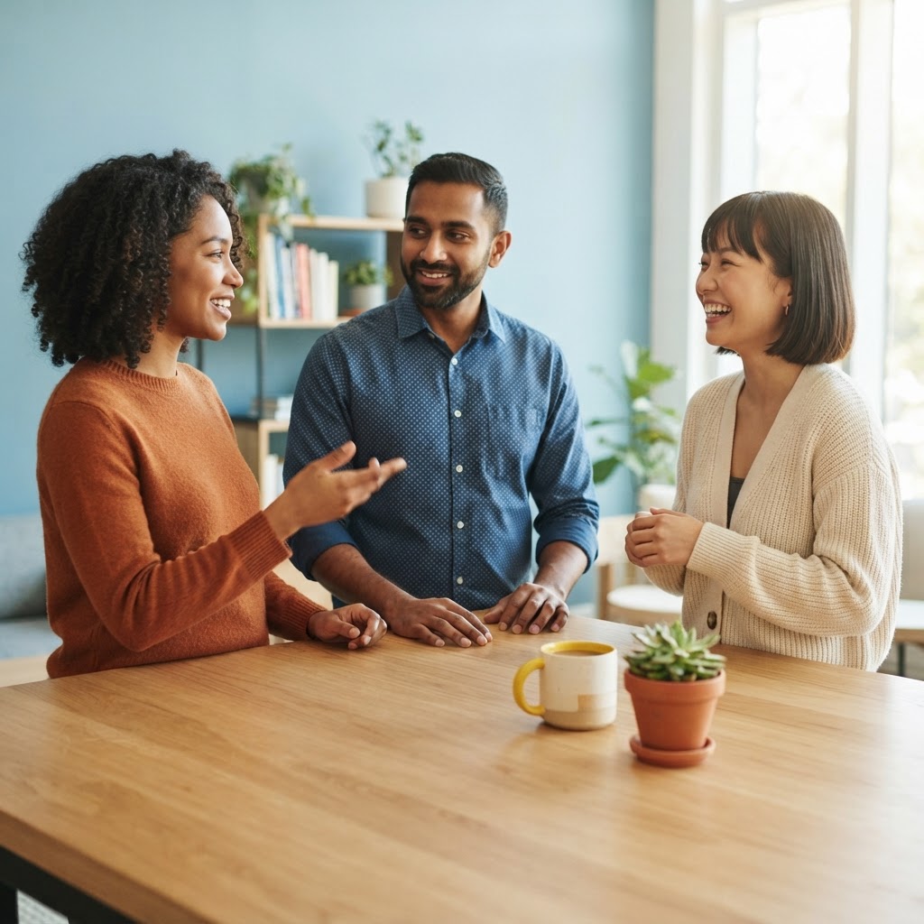 Diverse colleagues having a collaborative discussion at a table