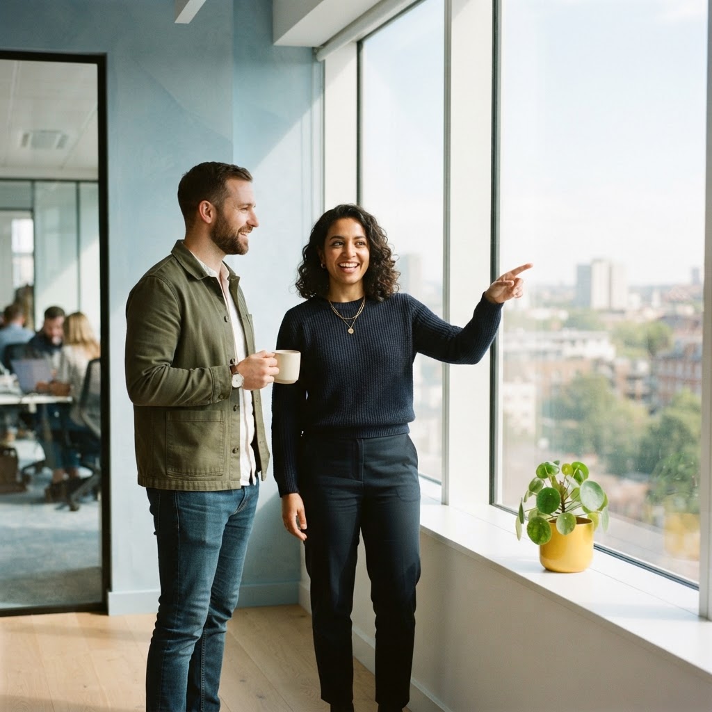 Two colleagues talking by a bright office window