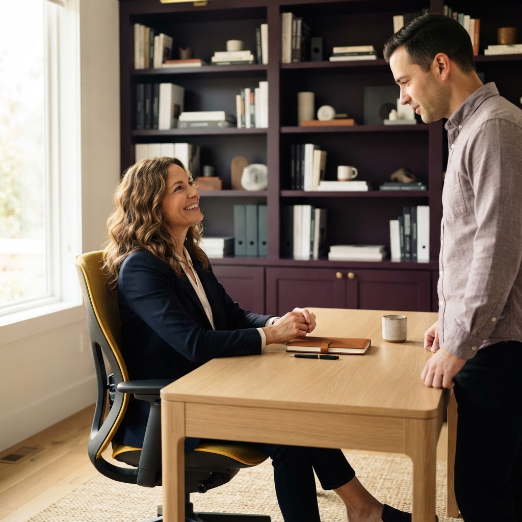 Founder and operations lead sharing a moment of calm in a structured office