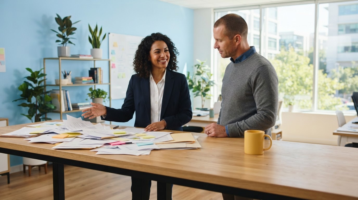 Founder and operations lead standing at a desk with organized space