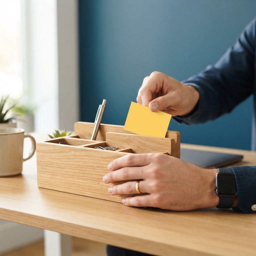 Hands organizing wooden desk pieces to represent simple leave management