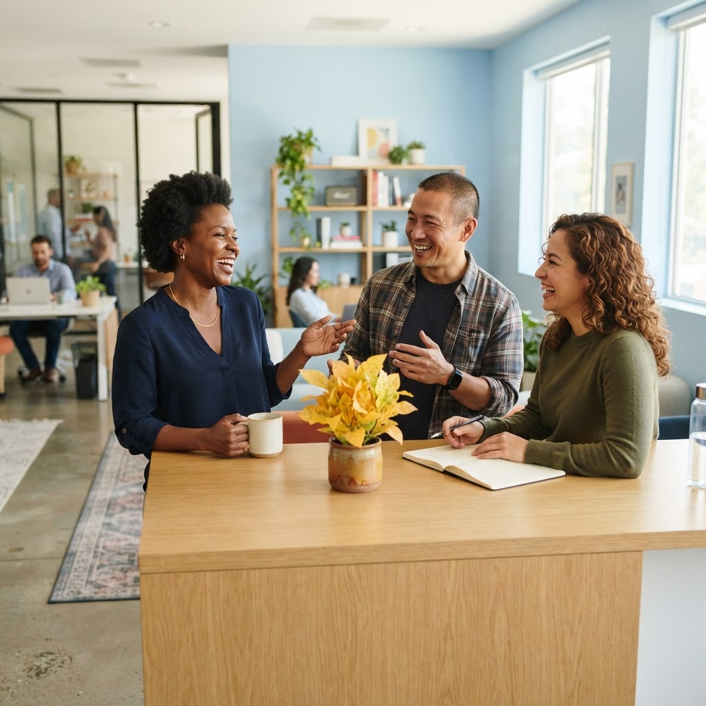 Team members laughing and collaborating in a modern startup office