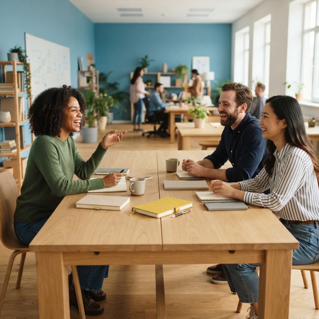A team collaborating in a bright modern workspace