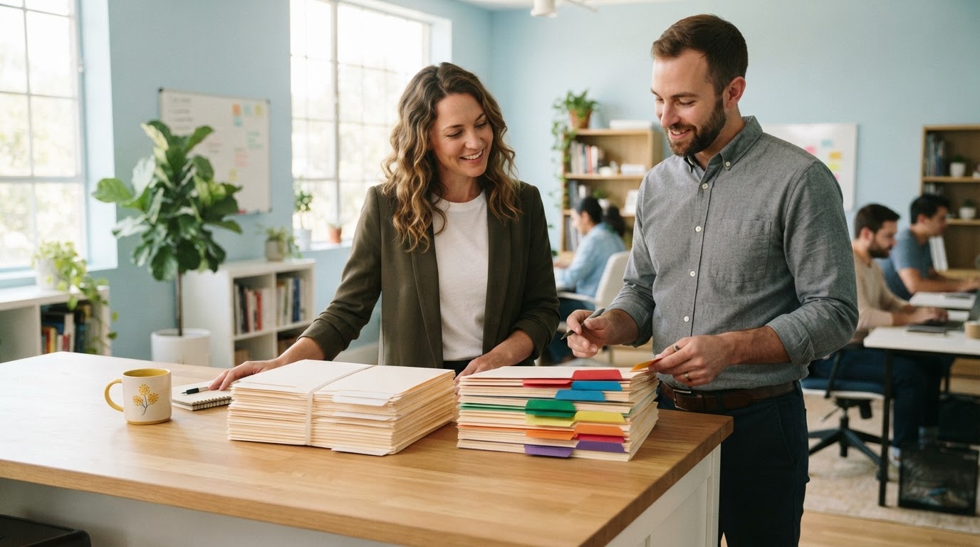 Two people organizing HR folders into separate provincial groups