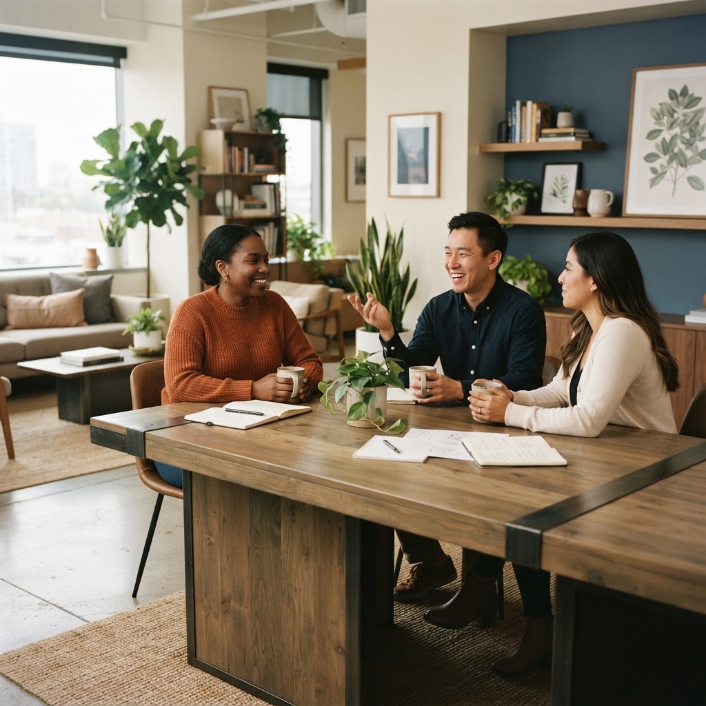 Diverse team laughing and chatting in a collaborative workspace