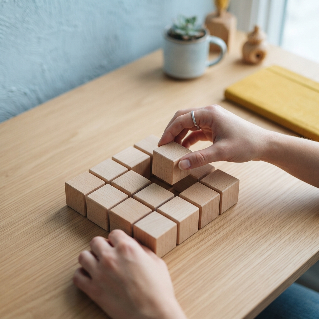 Hands organizing wooden blocks on a desk