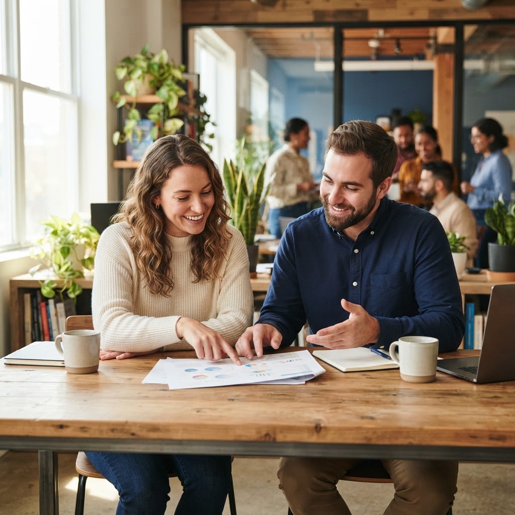 Two colleagues collaborating on paperwork in a sunlit office