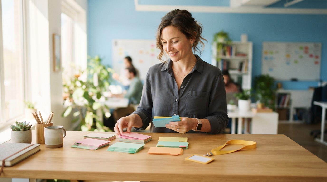 An operations lead organizing index cards on an oak desk