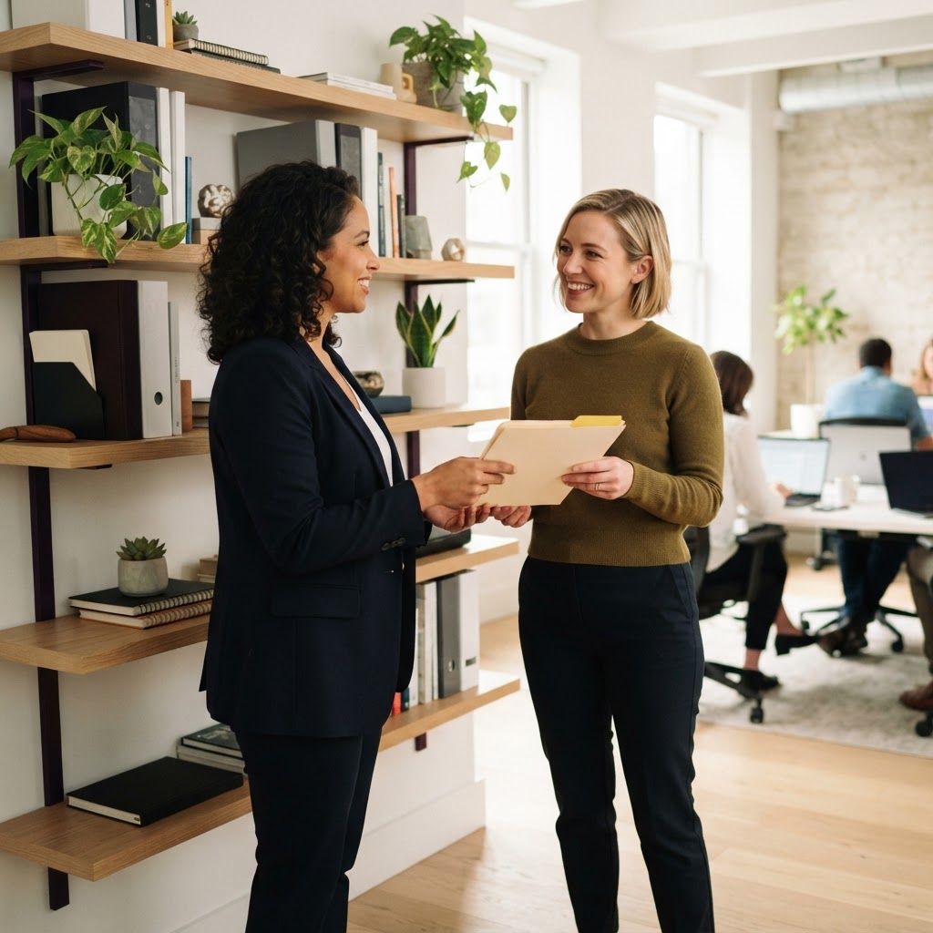 Founder and operations lead exchanging a folder in a sunlit office