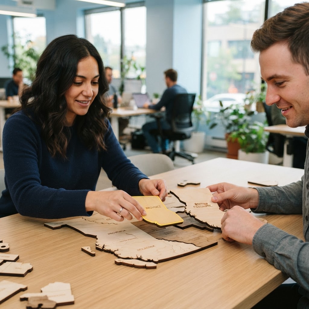 Two colleagues assembling wooden puzzle pieces on a table