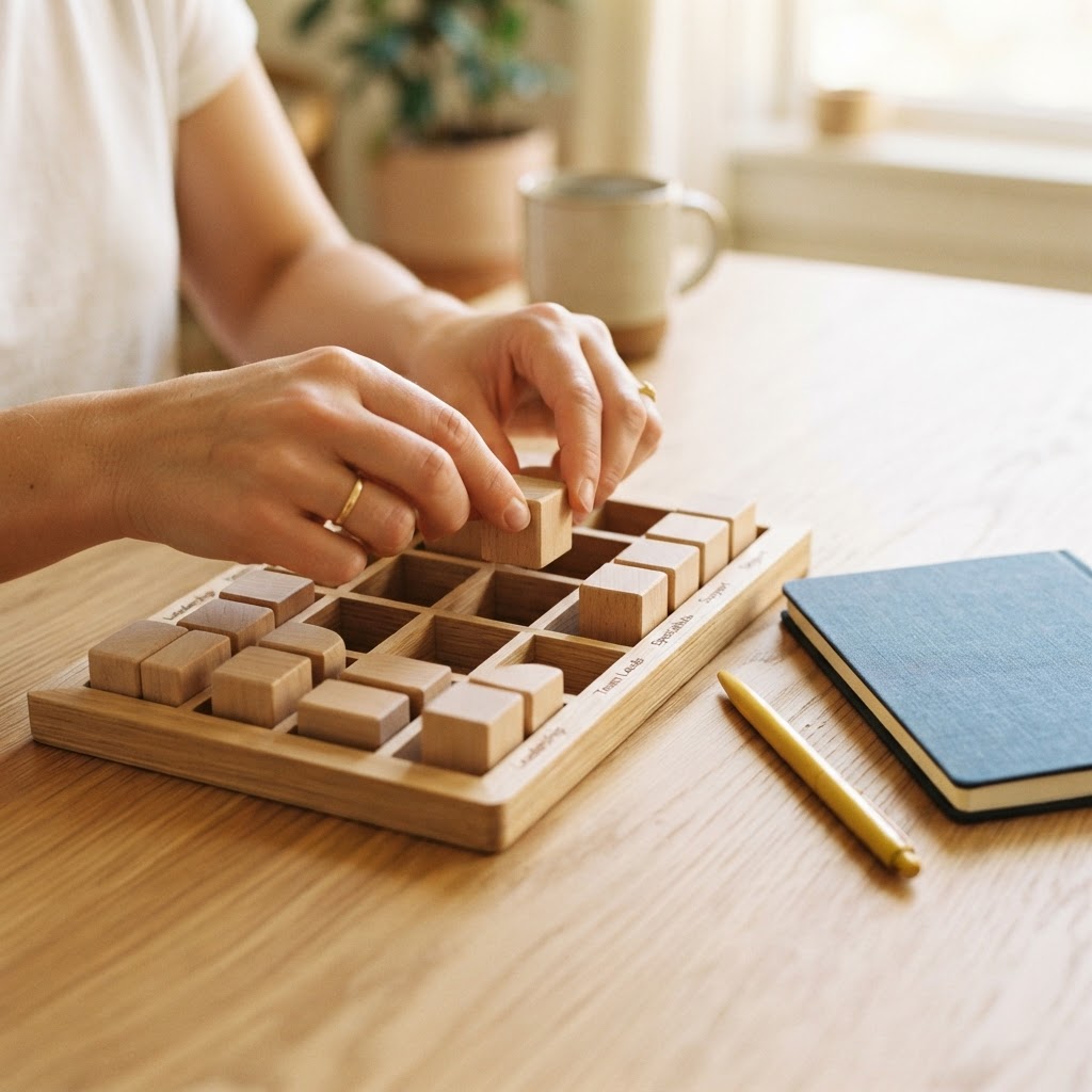 Hands organizing wooden blocks to represent team structure