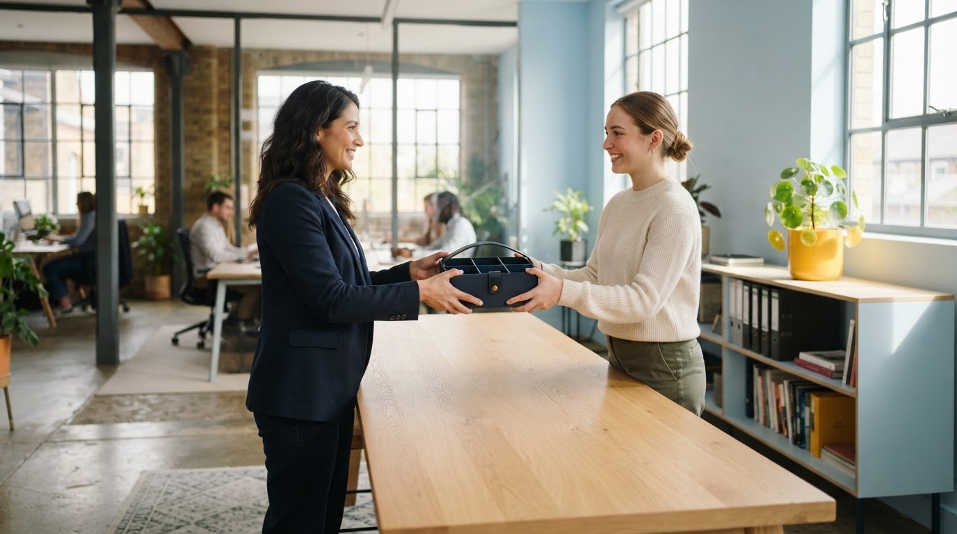 Two colleagues handing over a workspace organizer in a modern office