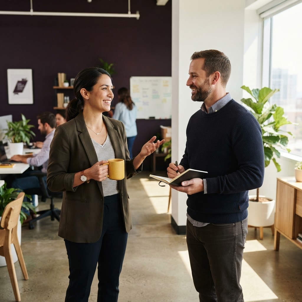 Two colleagues talking in a sunlit office with a deep violet wall