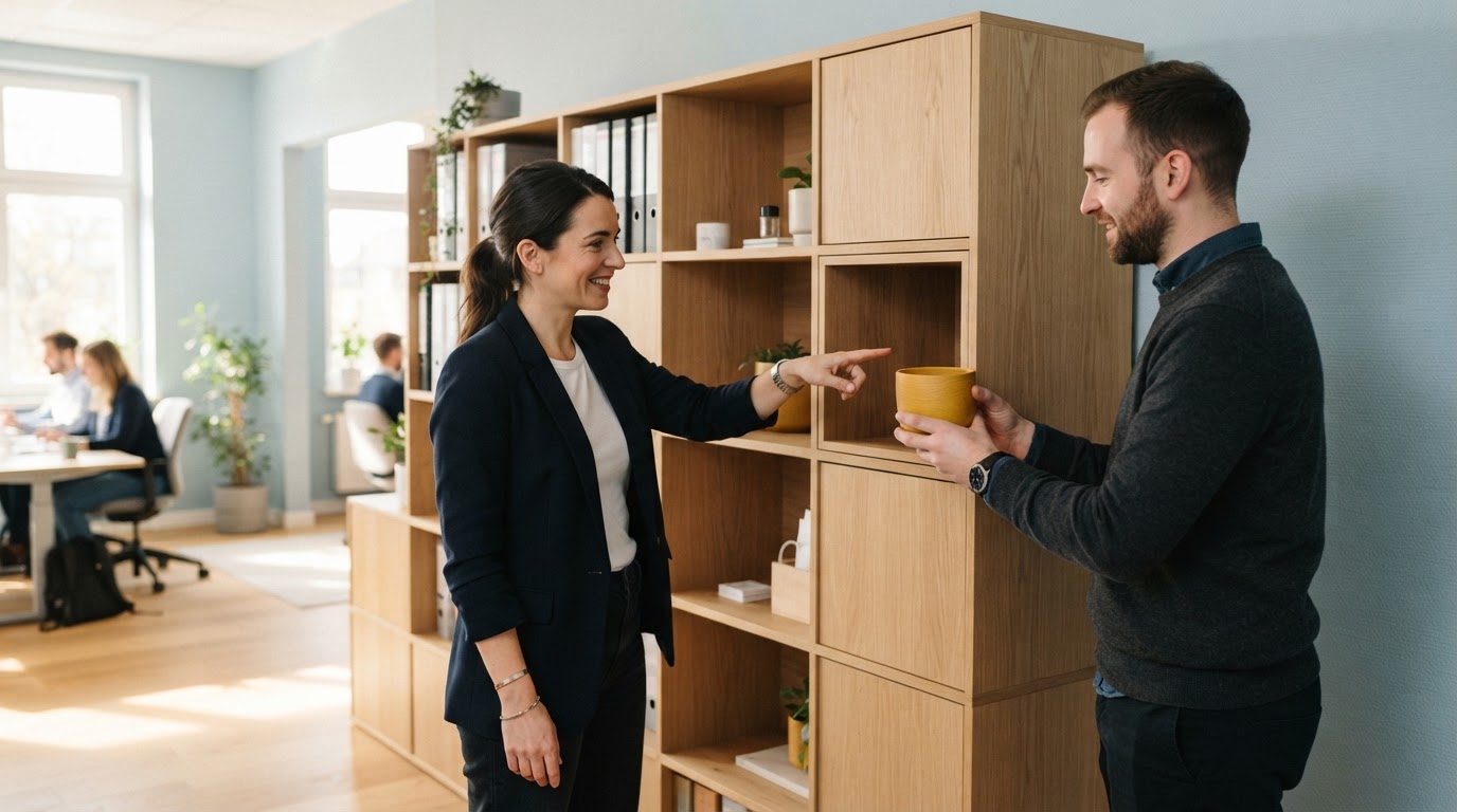A founder and ops lead organizing a wooden shelf in a modern office