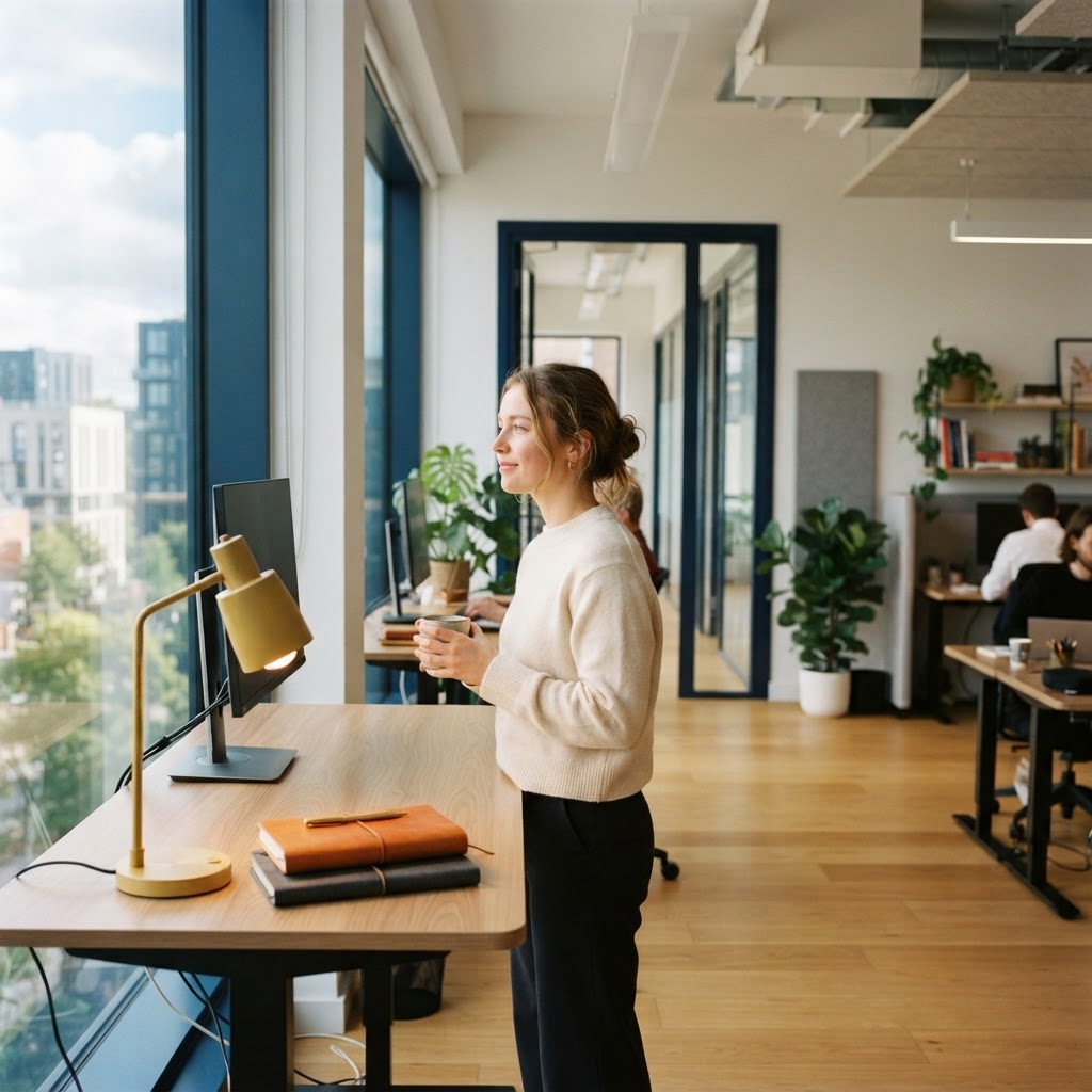 A team member in a bright sunlit office looking at a window