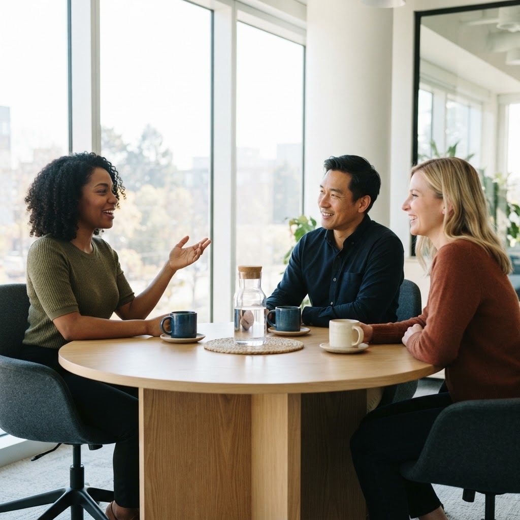 Three colleagues collaborating around a table in a sunlit office