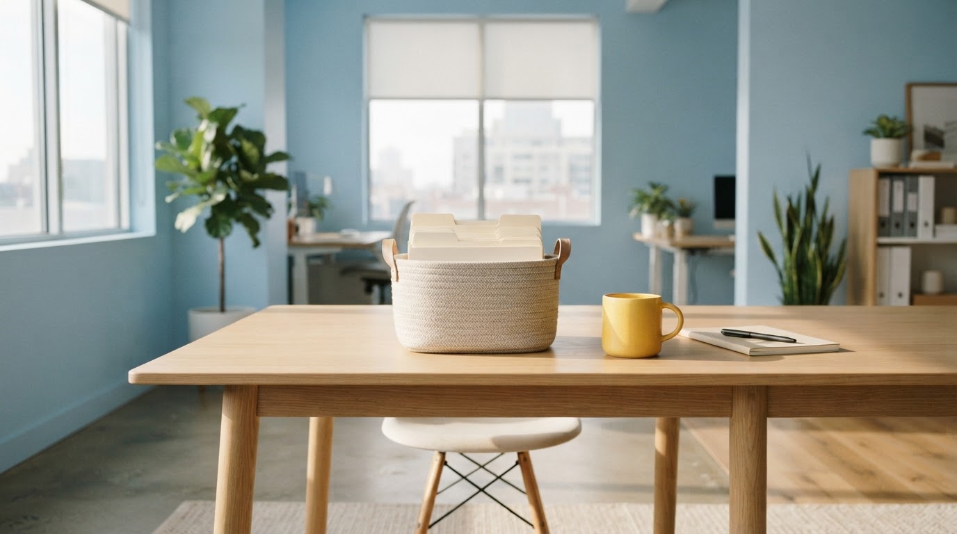 Clean organized office desk with blank paper tabs