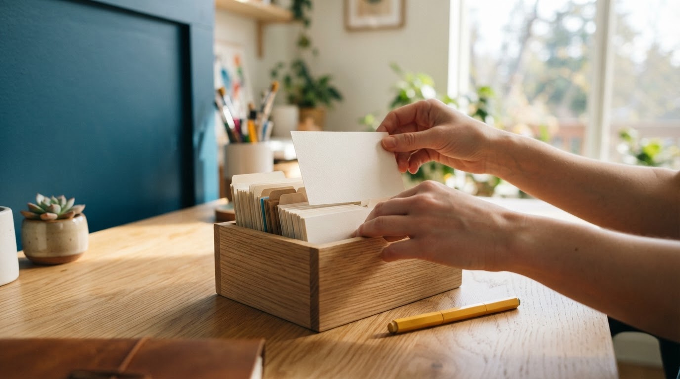 Hands organizing physical index cards in a wooden box