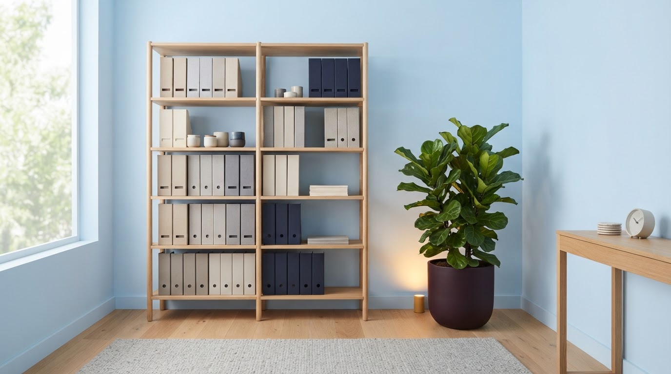 Organized office shelves with folders and a green plant