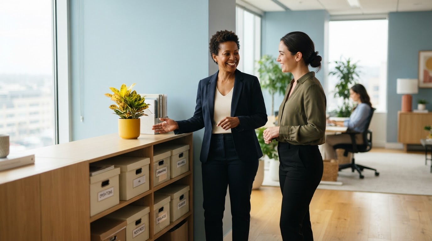 Founder and HR lead discussing organized files