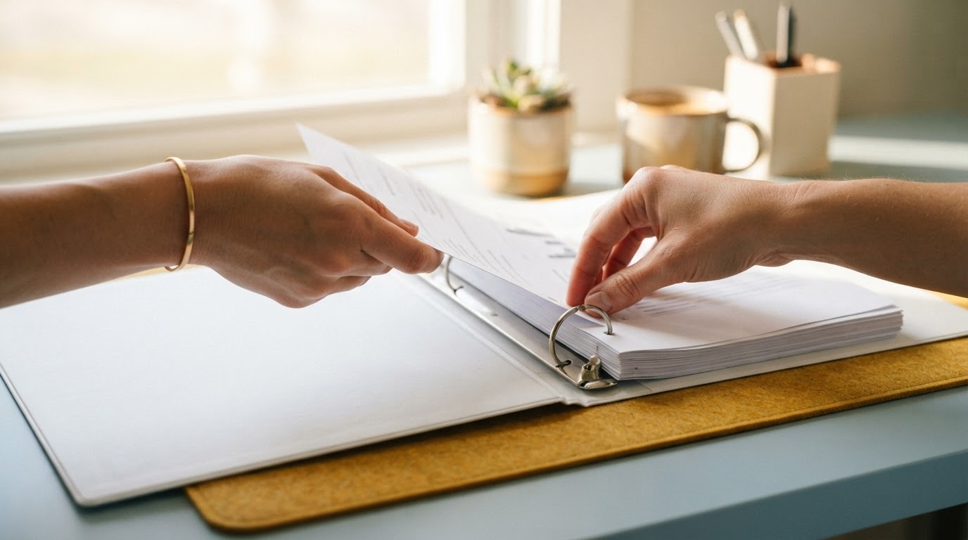 Hands securing documents in a clean binder