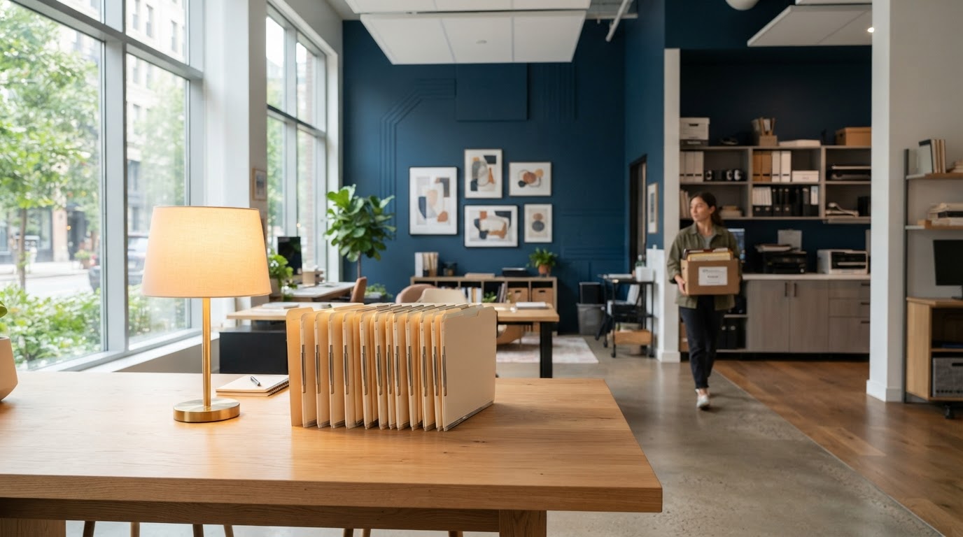 Person archiving files in a bright modern studio