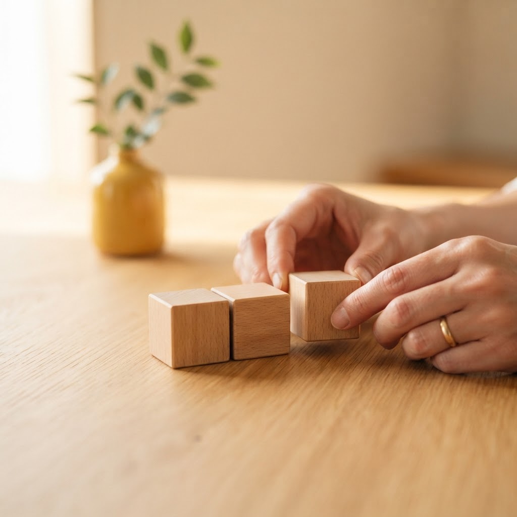 Hands arranging wooden blocks on an oak desk