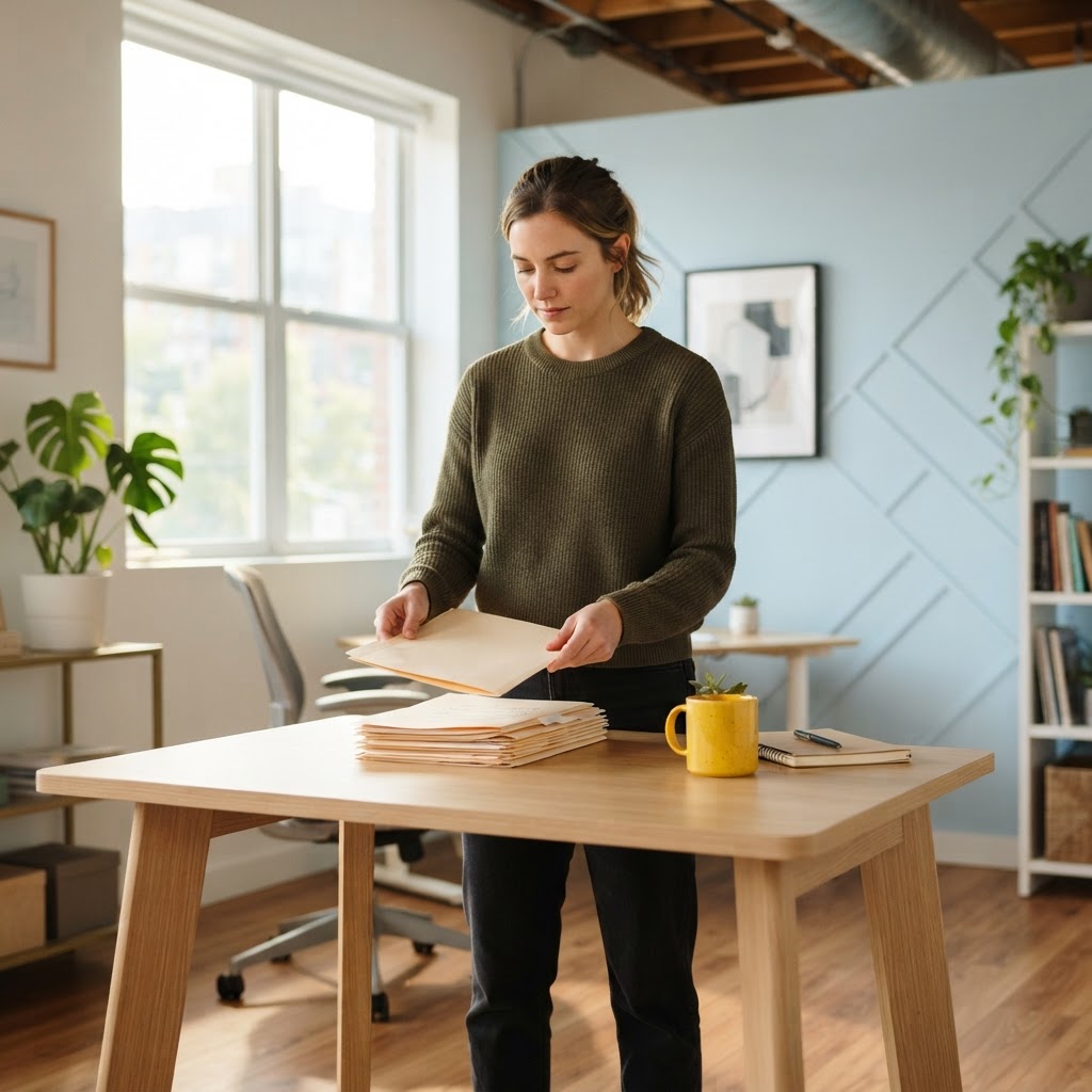 Person organizing physical folders on a modern desk