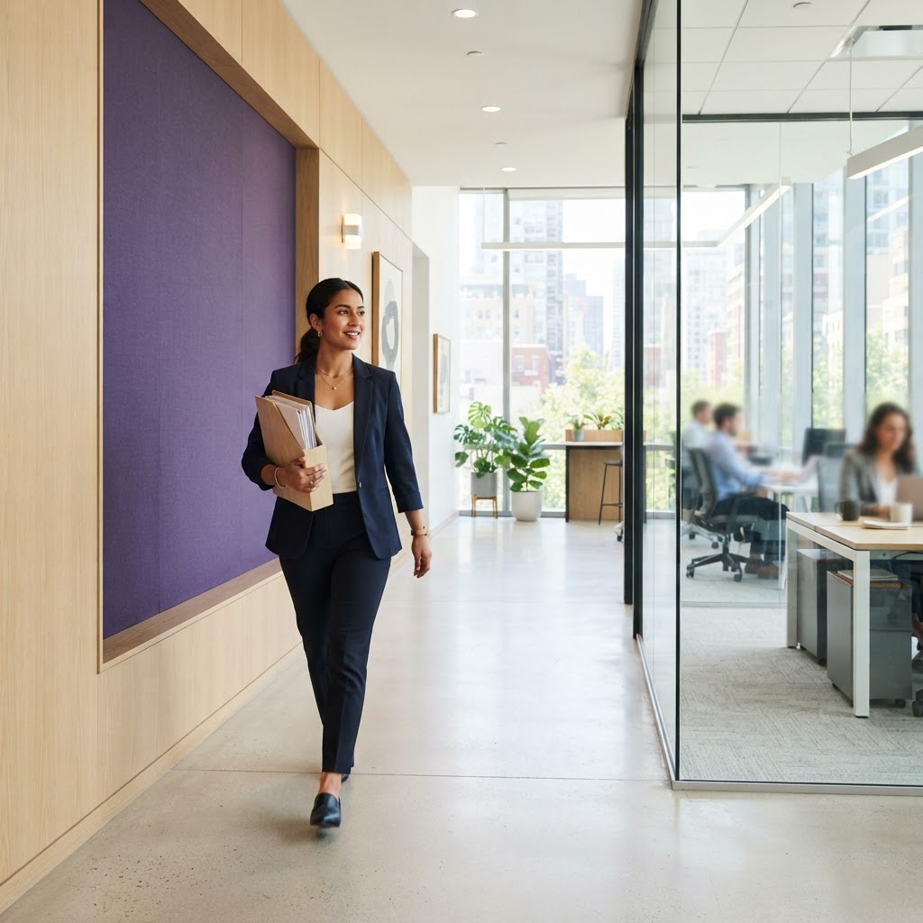 Person walking through a modern sunlit office corridor