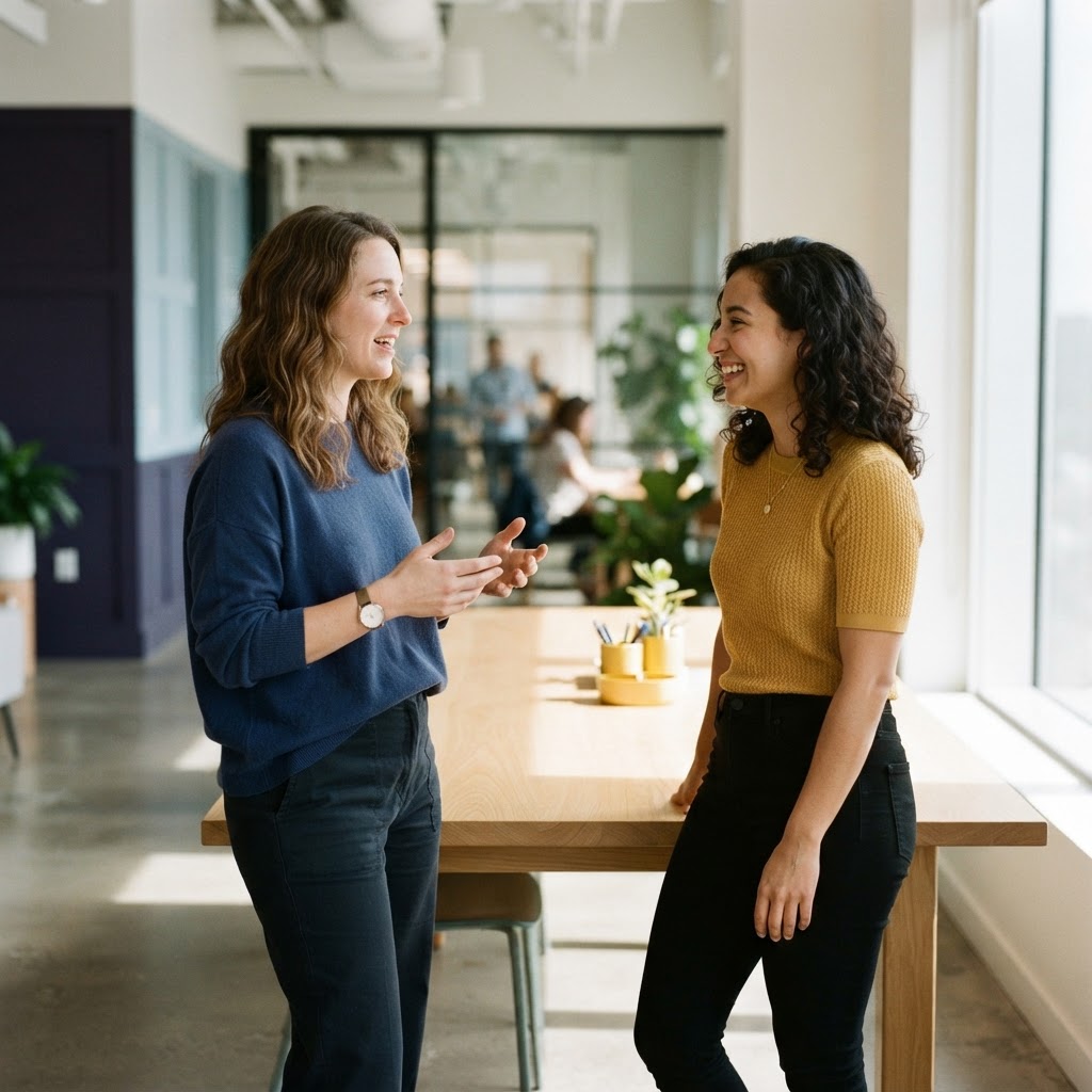 Two colleagues collaborating in a sunny modern office