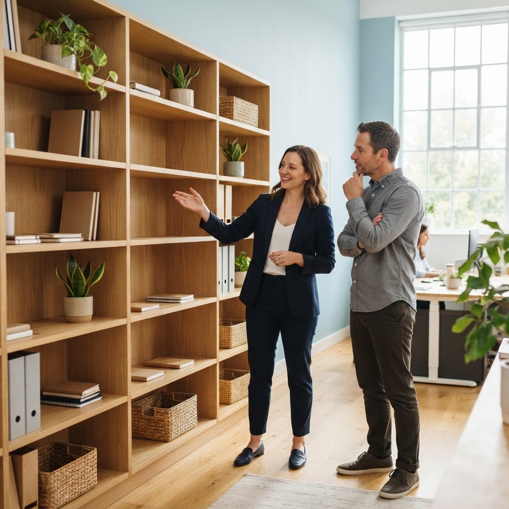 Founder and operations lead looking at organized office shelving