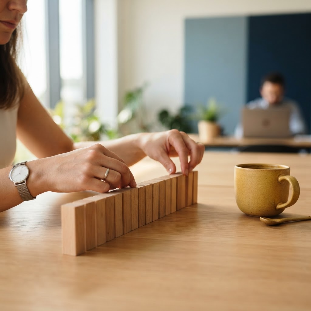 Hands aligning wooden blocks on a clean desk