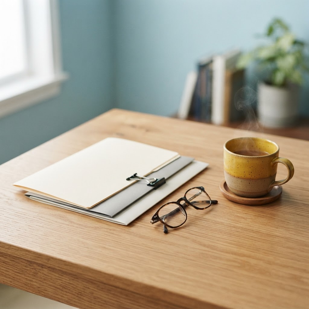 Organized desk with notebooks and a coffee mug