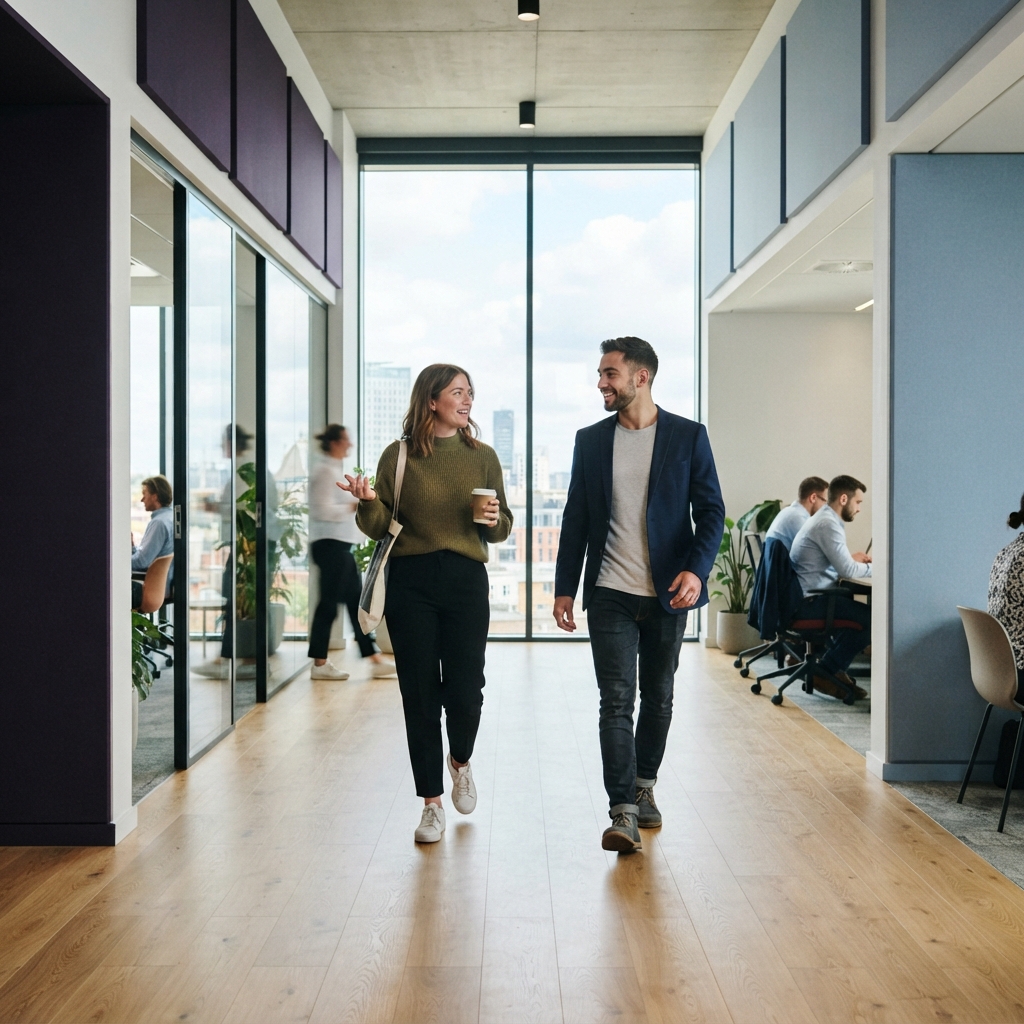 Two colleagues walking and talking in a bright office