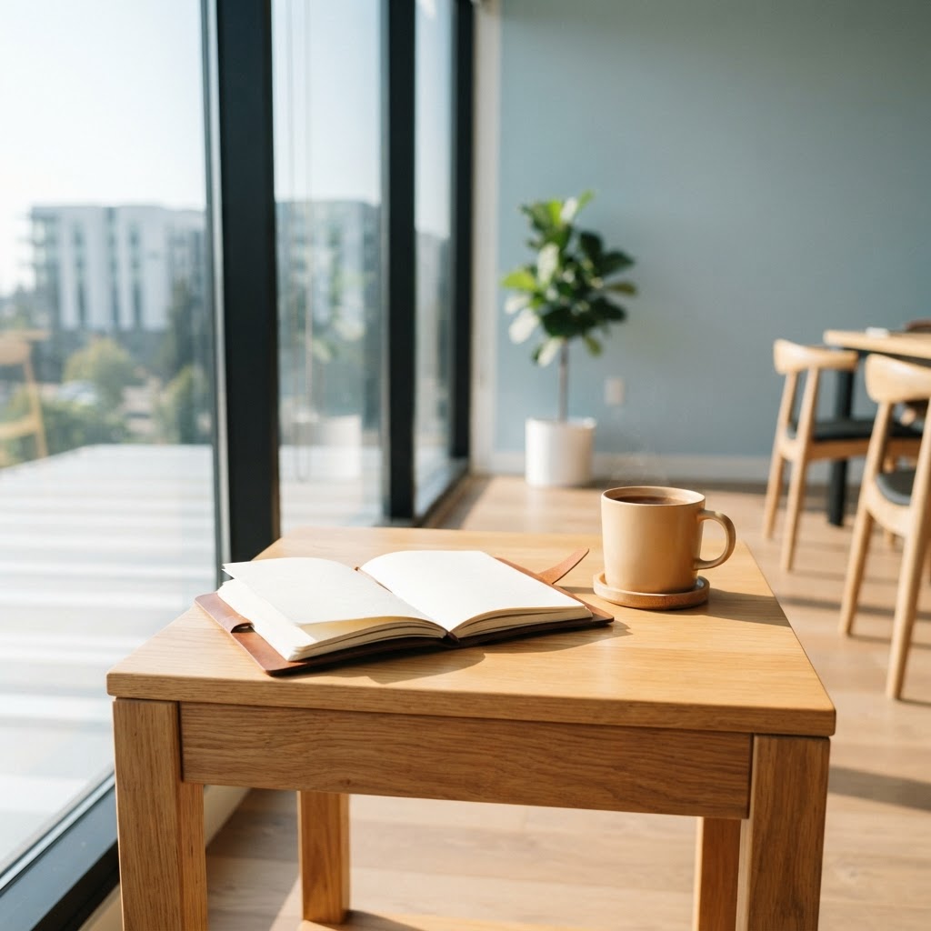Clean organized office desk with notebook and mug